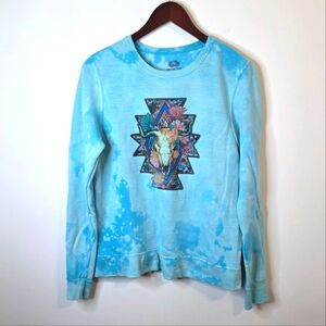 Light Blue/Teal Floral Western Cow Skull Sweatshirt Size Large
